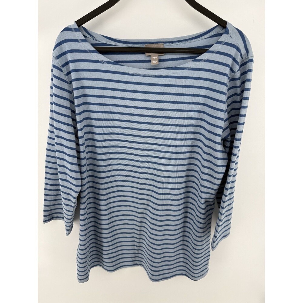 J. Jill Navy/Light Blue Striped Boat Neck Knit Stretch Pullover Top Women's L